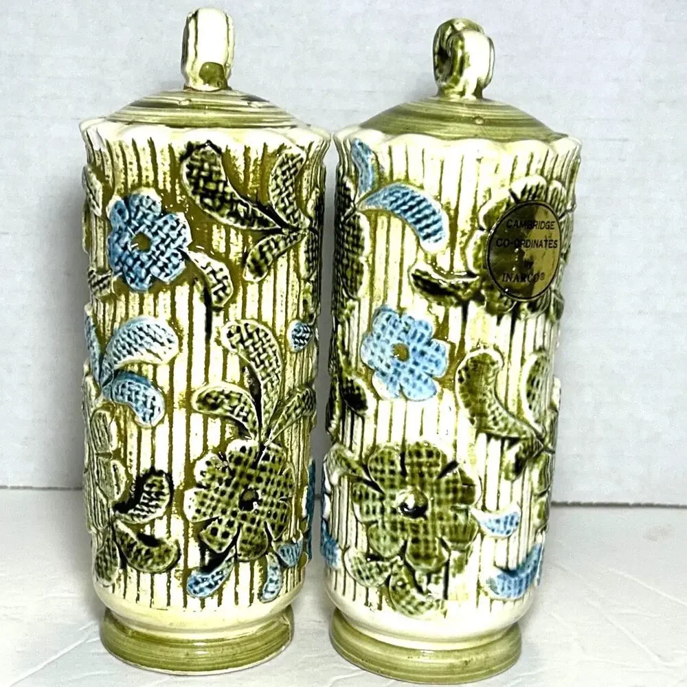 Vintage MCM Green/Blue Floral Inarco Salt‎ and Pepper Shakers